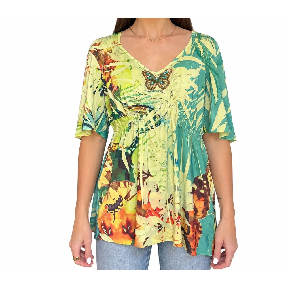 Vanity Y2K Butterfly Print Silky Smocked Empire Waist Blouse